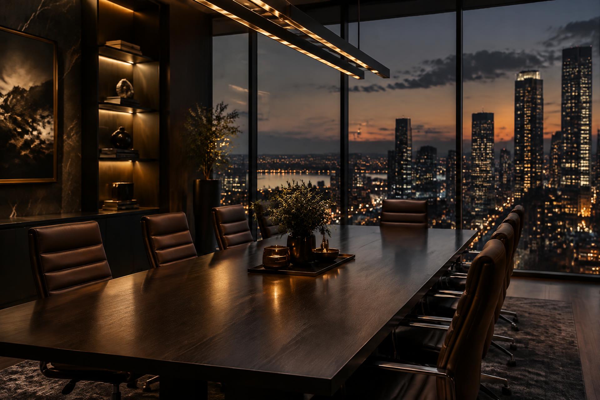 Modern real estate office conference room overlooking city lights